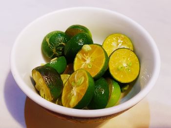 High angle view of fruits in bowl on table