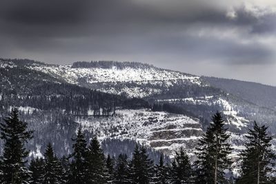 Scenic view of mountains against sky during winter