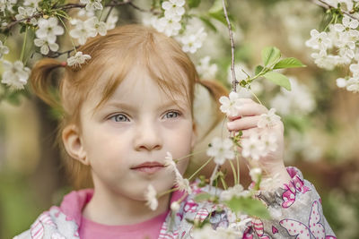 Close-up portrait of a toddler girl with red hair in front of a cherry blossom. spring.