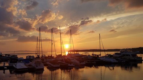 Sailboats moored at harbor during sunset