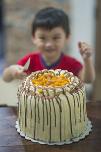 Portrait of boy with cake on table