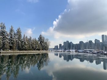 Reflection of trees and buildings in lake against sky