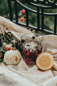 High angle view of roses on table