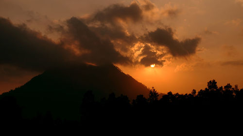 Silhouette trees against dramatic sky during sunset