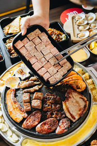 High angle view of person preparing food