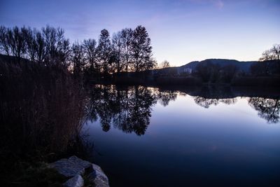 Scenic view of lake by trees against sky