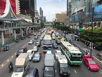 High angle view of traffic on city street and buildings