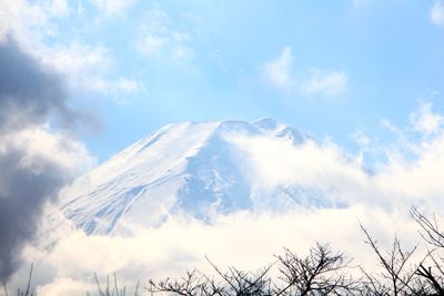 Low angle view of snowcapped mountains against sky