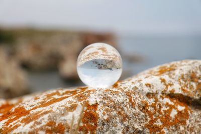 Close-up of water on rock against sky