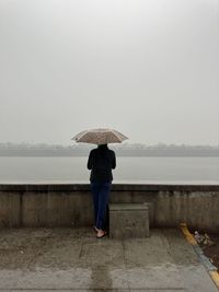 Rear view of woman with umbrella against sky