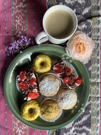 High angle view of breakfast on table