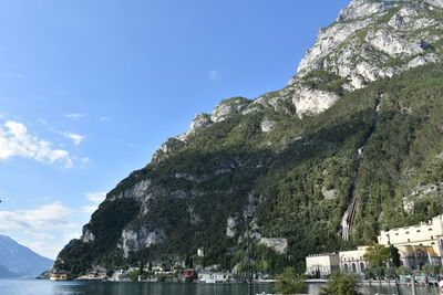 Scenic view of sea and mountains against blue sky