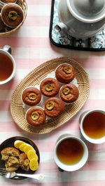 High angle view of breakfast served on table