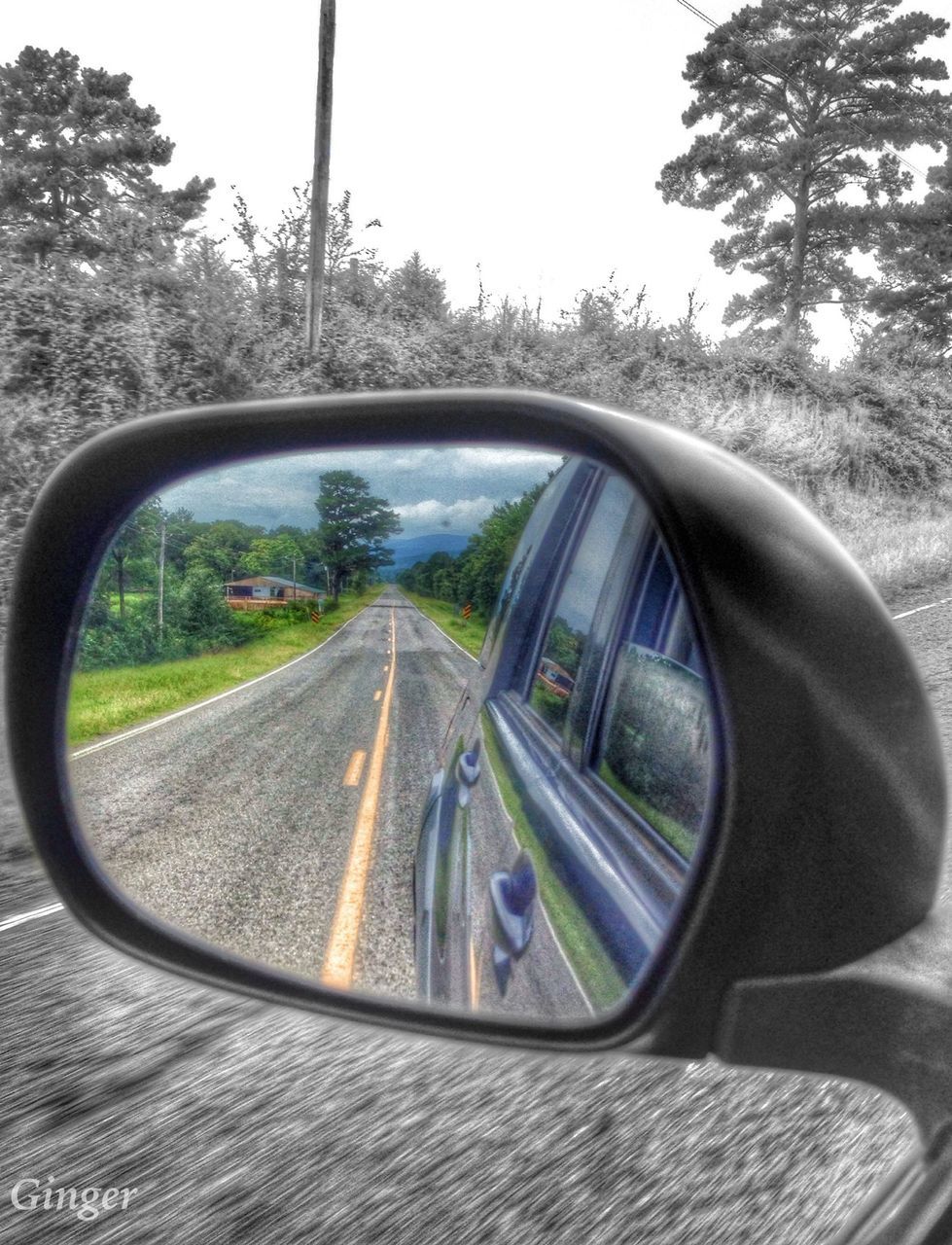 transportation, tree, side-view mirror, land vehicle, mode of transport, reflection, car, road, transparent, glass - material, part of, vehicle interior, close-up, day, travel, sky, railroad track, car interior, cropped, no people