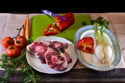 High angle view of food in plate on table