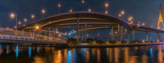 Illuminated bridge over river at night