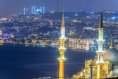 Illuminated buildings in city at night