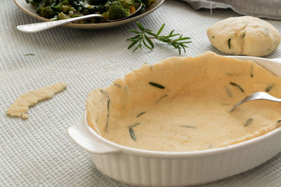 High angle view of soup in bowl on table