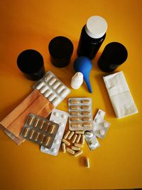 High angle view of bottles on table