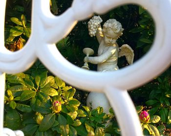 Angel statue amidst plants in garden seen through fence