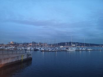 Sailboats moored in harbor