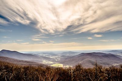 Scenic view of field and mountains against sky