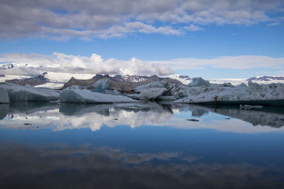 Scenic view of lake against sky during winter