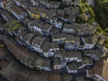 High angle view of old buildings in town