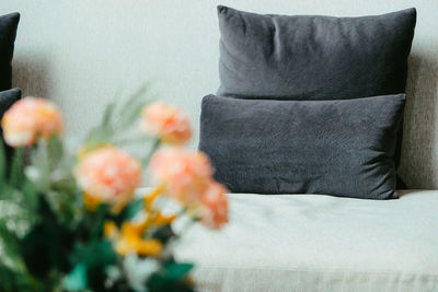 Close-up of sofa on bed at home