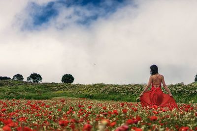 Rear view of person on field against sky