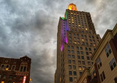 Low angle view of buildings against cloudy sky