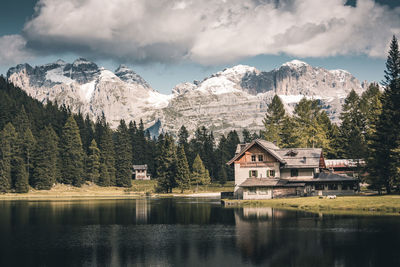 Scenic view of lake and snowcapped mountains against sky