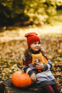 A little girl kid in warm dress and a red hat is sitting with a pumpkin on a stump in an autumn park