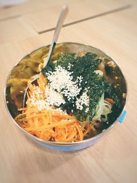 High angle view of food in bowl on table