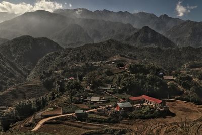 High angle view of buildings and mountains against sky in sapa