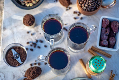 High angle view of coffee on table