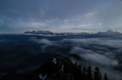 Scenic view of mountains against cloudy sky