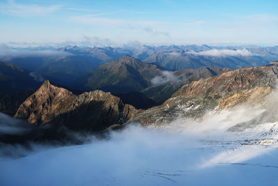 Aerial view of snowcapped mountains against sky