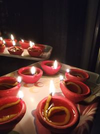 Close-up of lit candles on table