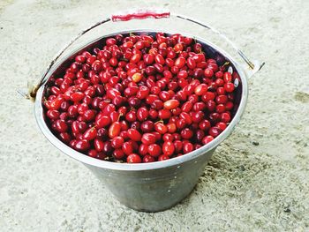 High angle view of strawberries in bowl