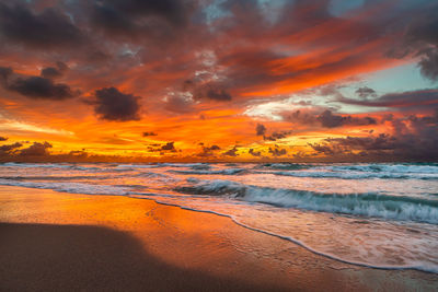 Scenic view of beach against sky during sunset