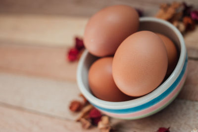 Close-up of eggs in bowl on wooden table