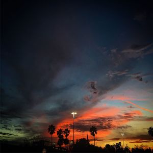 Silhouette trees against dramatic sky during sunset