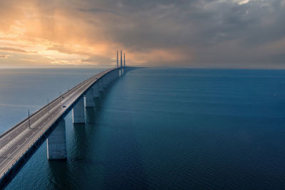 Panoramic view of oresund bridge during sunset over the baltic sea