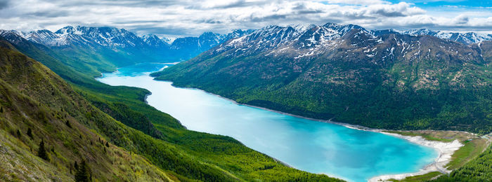 Panoramic view of lake and mountains against sky