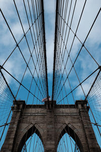 Low angle view of bridge cables against clouds