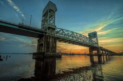 Low angle view of bridge against sky at sunset