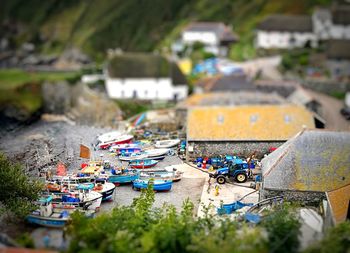 High angle view of multi colored buildings in city