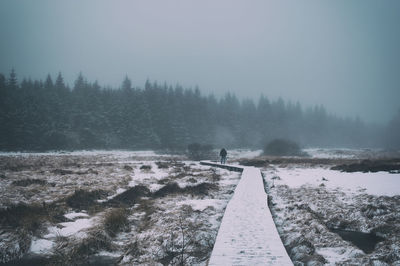 Scenic view of snow by trees against sky