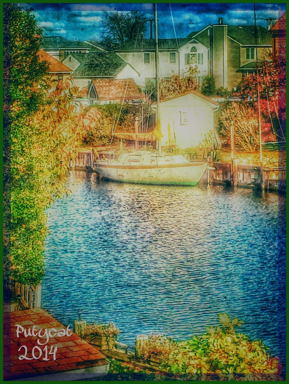 built structure, architecture, water, building exterior, tree, plant, house, transfer print, auto post production filter, growth, nature, railing, outdoors, day, waterfront, no people, reflection, canal, residential building, river